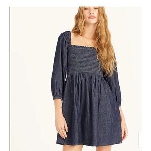 J Crew Smocked Puff Sleeve Denim Dress in Chambray Size Small